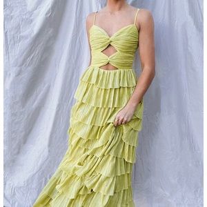 Grace Metallic Plisse Sweetheart Neck Cut-Out Tiered Dress